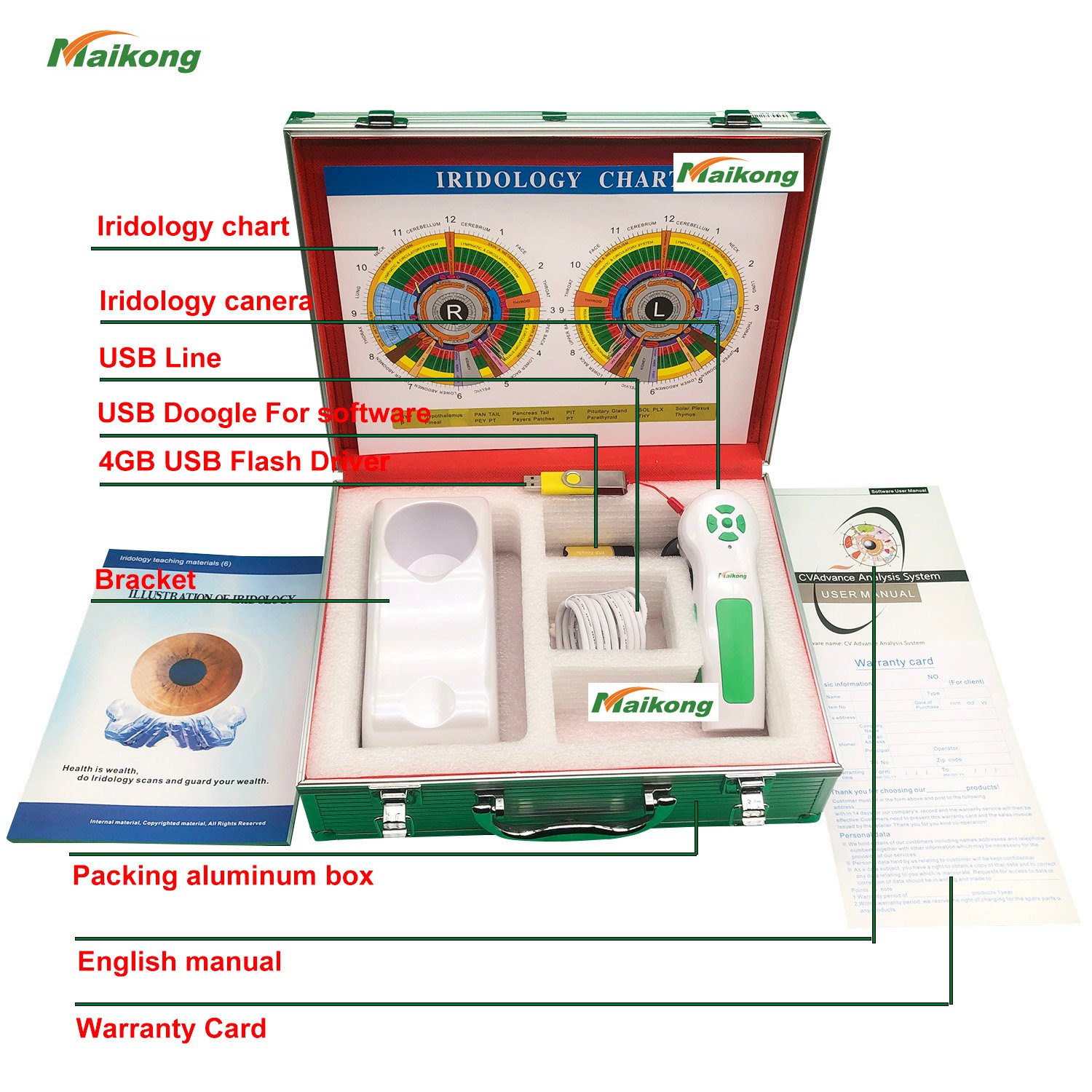 Accesorios Incluidos en la Cámara de Iridología MAIKONG 4 USB IRIDOLOGY CAMERA